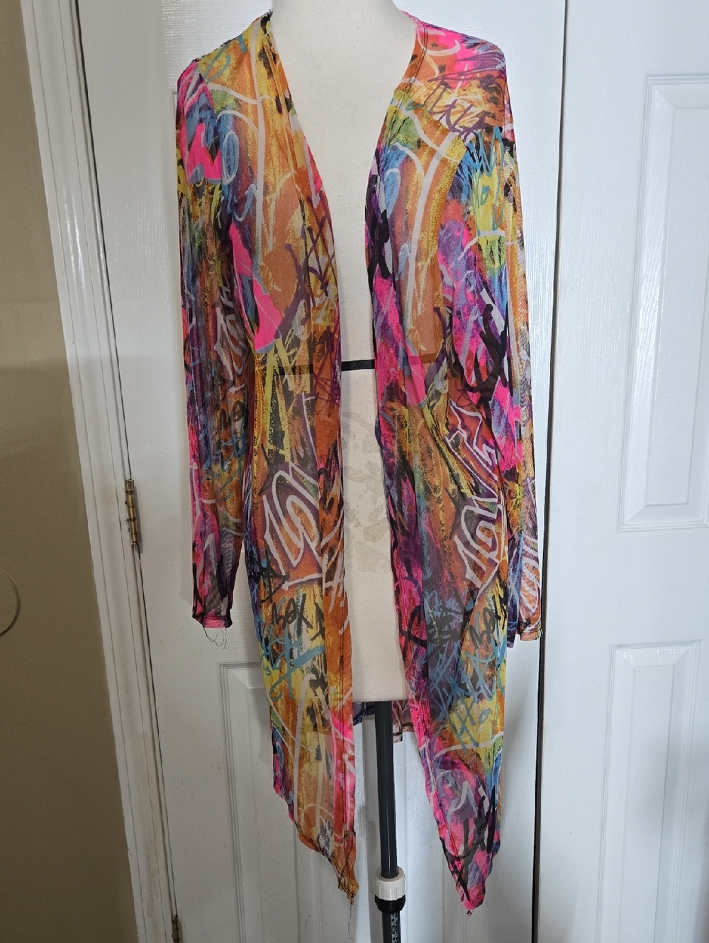 Colorful Graffiti Print Open Front Mesh Cardigan